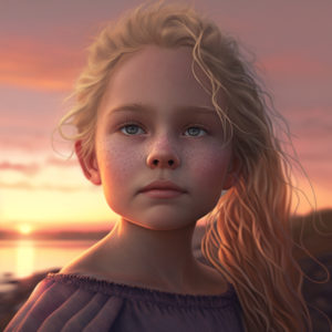 Jeune fille blonde devant un coucher de soleil 