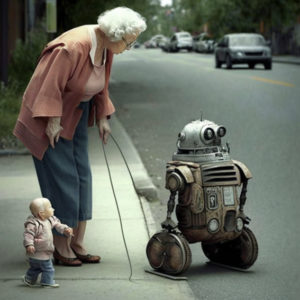 Robot aidant une vieille dame à traverser